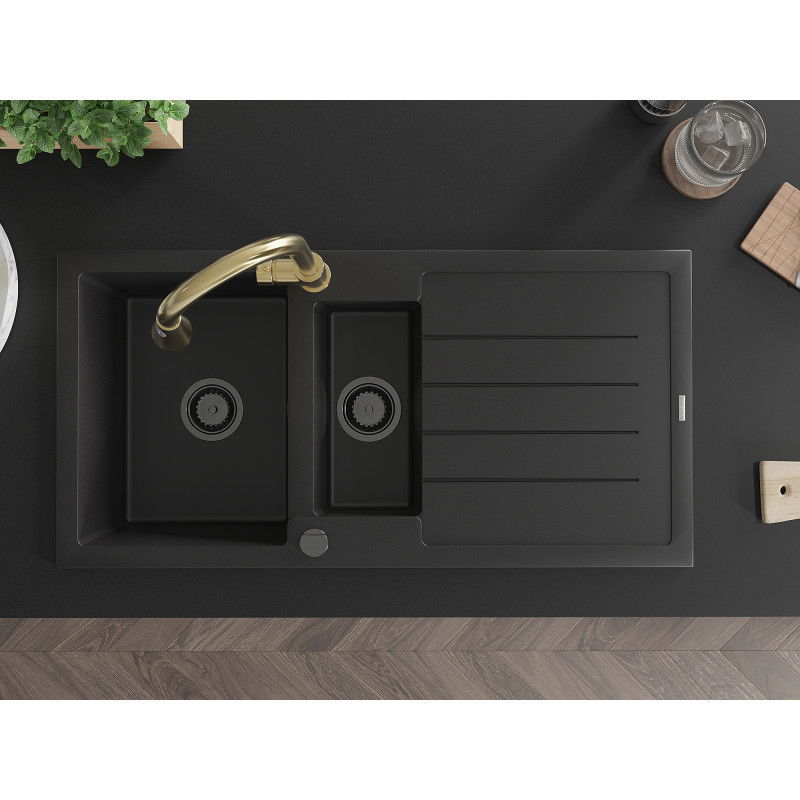 Mexen Andres гранитна мивка 1,5-камерна с отцедник и кухненски смесител Elia, черна - 6515-77-670101-50-B