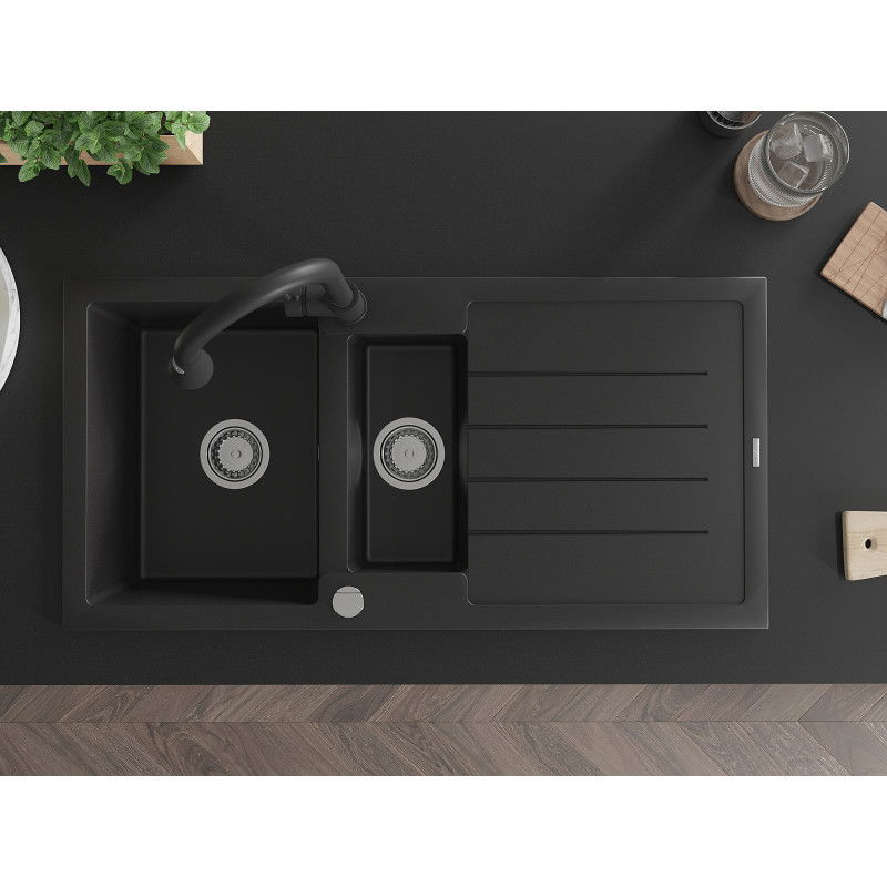 Mexen Andres гранитна мивка 1,5-камерна с отцедник и кухненски смесител Elia, черен - 6515-77-670101-70