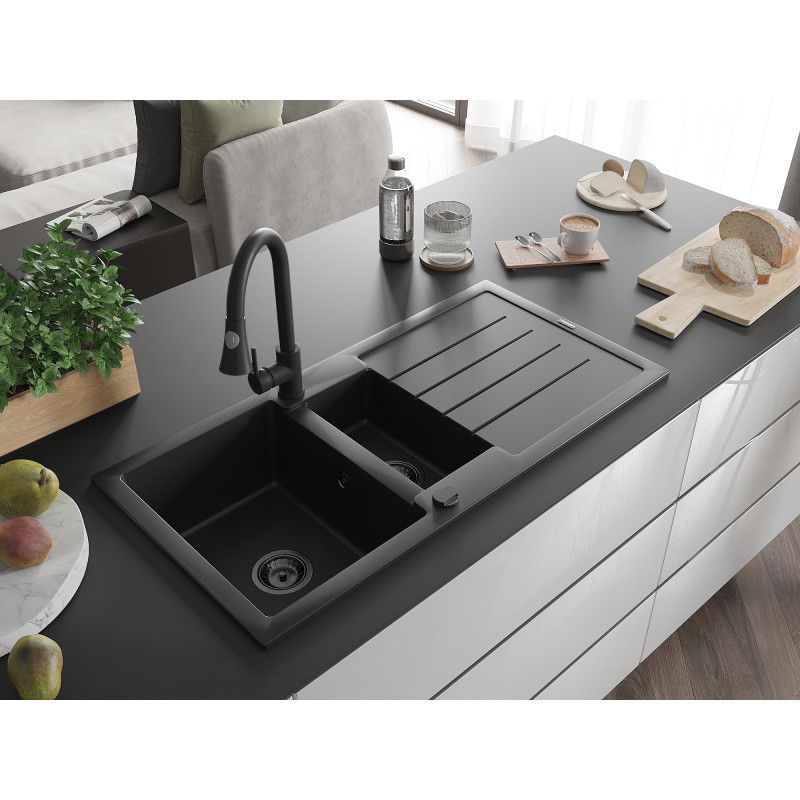 Mexen Andres гранитна мивка 1,5-камерна с отцеждач и кухненски смесител Elia, черен - 6515-77-670101-70-B