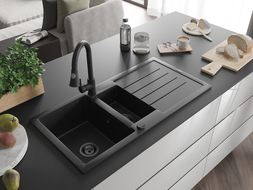 Mexen Andres гранитна мивка 1,5-камерна с отцеждач и кухненски смесител Elia, черен - 6515-77-670101-70-B