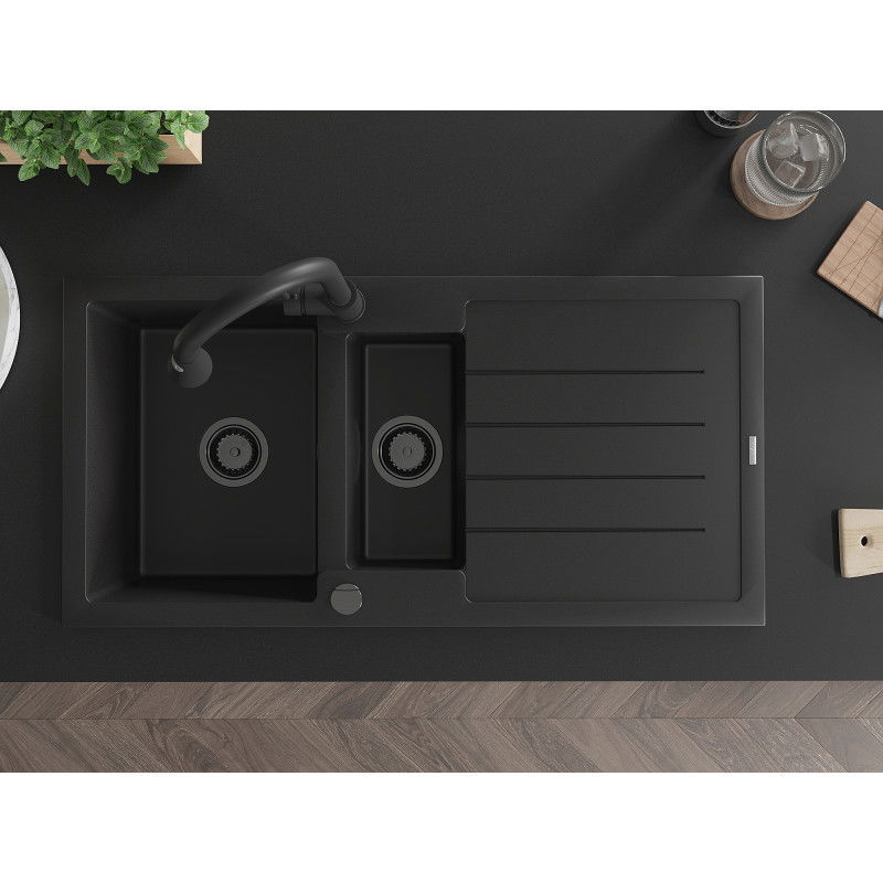 Mexen Andres гранитна мивка 1,5-камерна с отцеждач и кухненски смесител Elia, черен - 6515-77-670101-70-B