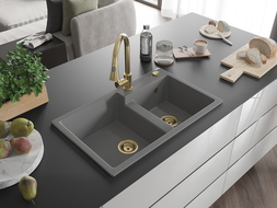Mexen Tomas гранитна мивка с 2 отделения и кухненски смесител Elia, сива - 6516-71-670101-50