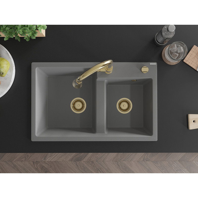 Mexen Tomas гранитна мивка с 2 отделения и кухненски смесител Elia, сива - 6516-71-670101-50