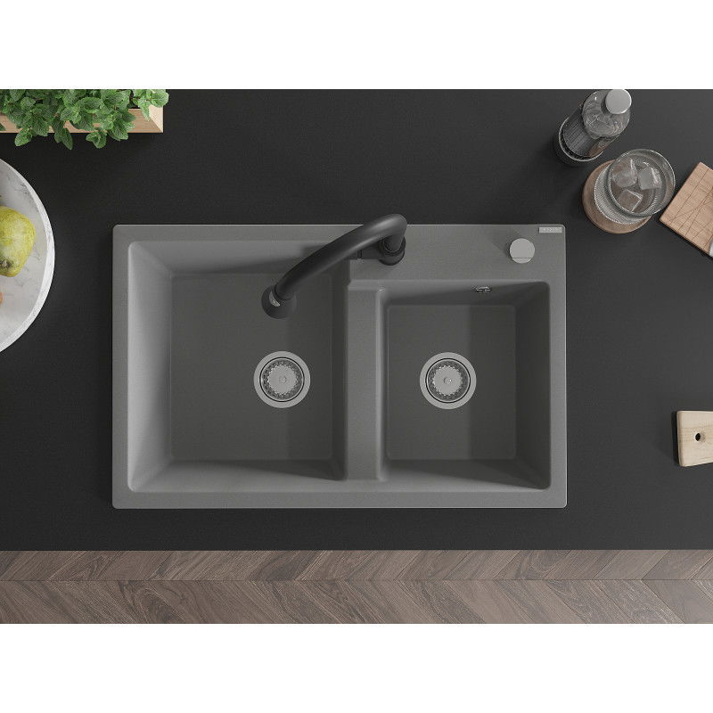 Mexen Tomas гранитна мивка с 2 отделения и кухненски смесител Elia, сив - 6516-71-670101-70