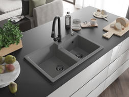 Mexen Tomas гранитна мивка с 2-камери и кухненски кран Elia, сив - 6516-71-670101-70-B