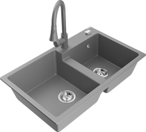 Mexen Tomas двукоморна гранитна мивка със смесител Elia, сива - 6516-71-670101-71