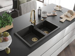Mexen Tomas гранитна кухненска мивка с 2 отделения и кухненски смесител Elia, черен/златен металик - 6516-75-670101-50