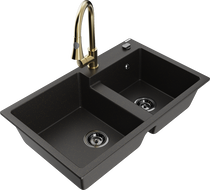 Mexen Tomas гранитна мивка с двоен басейн и кухненски смесител Elia, черен/златен металик - 6516-75-670101-50-B