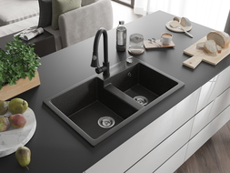 Mexen Tomas гранитна мивка с 2 отделения и кухненски смесител Elia, черен/златен металик - 6516-75-670101-70