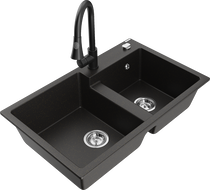 Mexen Tomas гранитна мивка с 2 отделения и кухненски смесител Elia, черен/златен металик - 6516-75-670101-70