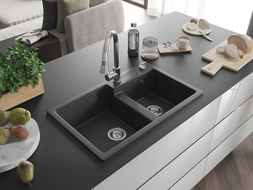 Mexen Tomas двоен кухненски мивка от гранит с кухненски смесител Elia, черен на пръски - 6516-76-670101-00