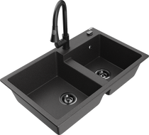 Mexen Tomas гранитна кухненска мивка с 2 отделения и кухненски смесител Elia, черен на пръски - 6516-76-670101-70-B