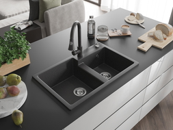 Mexen Tomas двоен кухненски гранитен мивка с батерия Elia, черен на пръски - 6516-76-670101-76