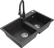 Mexen Tomas двоен кухненски гранитен мивка с батерия Elia, черен на пръски - 6516-76-670101-76