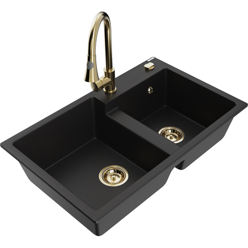 Mexen Tomas гранитна мивка с 2 отделения и кухненски смесител Elia, черен - 6516-77-670101-50