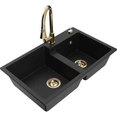Mexen Tomas гранитна мивка с 2 отделения и кухненски смесител Elia, черен - 6516-77-670101-50