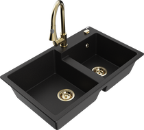 Mexen Tomas гранитна мивка с 2 отделения и кухненски смесител Elia, черен - 6516-77-670101-50