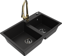 Mexen Tomas гранитна кухненска мивка с две корита и кухненски смесител Elia, черен - 6516-77-670101-50-B