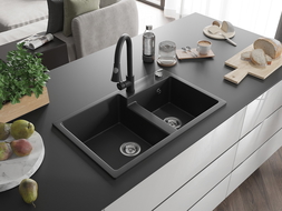 Mexen Tomas гранитна мивка с 2 камери и кухненски смесител Elia, черна - 6516-77-670101-70