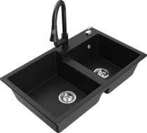 Mexen Tomas гранитна мивка с 2 камери и кухненски смесител Elia, черна - 6516-77-670101-70