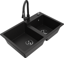 Mexen Tomas гранитна мивка с 2 камери и кухненски смесител Elia, черен - 6516-77-670101-70-B