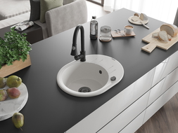 Mexen Kevin кухненска мивка от гранит с една камера, отцедник и кухненски смесител Elia, бял - 6517-20-670101-70