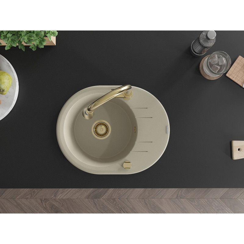 Mexen Kevin гранитна кухненска мивка с 1 отделение и отцедник и кухненски смесител Elia, бежов - 6517-69-670101-50