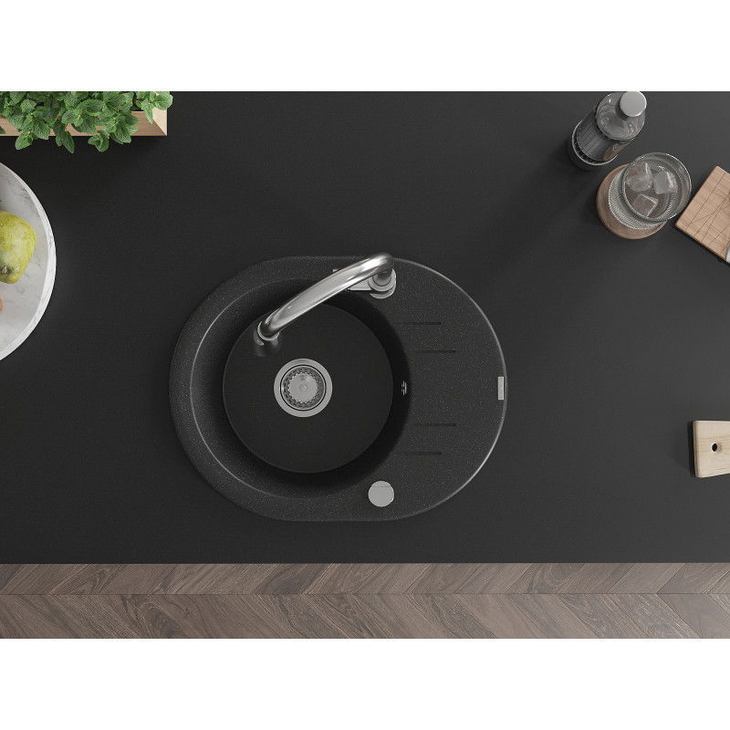 Mexen Kevin гранитна мивка с 1 отделение и сушилня и кухненски кран Elia, черен/сребърен металик - 6517-73-670101-00