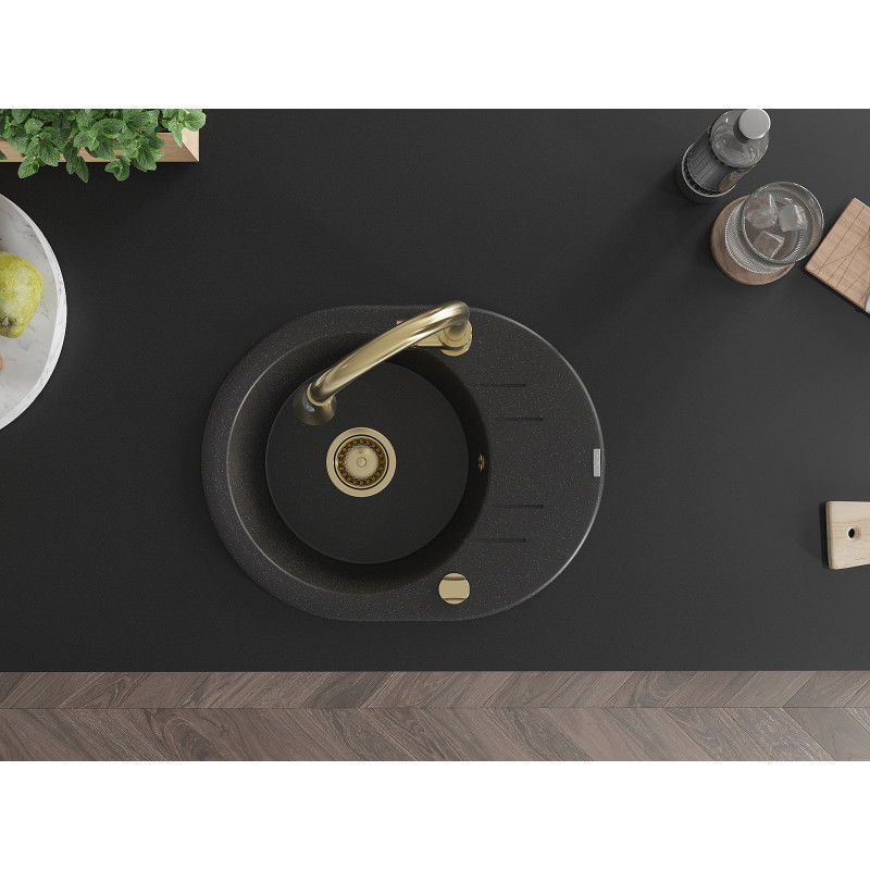 Mexen Kevin гранитна мивка с 1 камера и отцедник и кухненски смесител Elia, черен/сребърен металик - 6517-73-670101-50