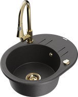 Mexen Kevin гранитна мивка с 1 отделение с отцедник и кухненски смесител Elia, черен на пръски - 6517-76-670101-50