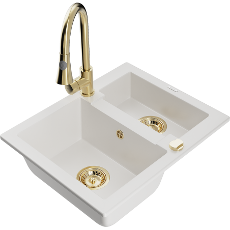 Mexen Carlos гранитна мивка с 1,5 камери с кухненски смесител Elia, бяла