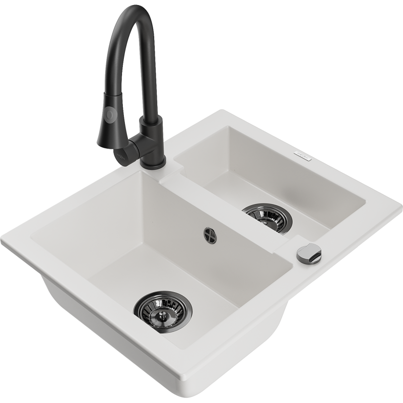 Mexen Carlos гранитна мивка 1,5-коморова с кухненски смесител Elia, бял - 6518-20-670101-70