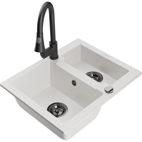 Mexen Carlos гранитна мивка 1,5-коморова с кухненски смесител Elia, бял - 6518-20-670101-70