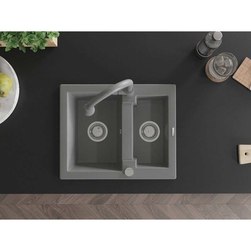 Mexen Carlos гранитна мивка с 1,5 камери с кухненски смесител Elia, сив