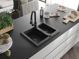 Mexen Carlos мивка гранит 1,5-камерна с кухненски смесител Elia, черен/сребърен металика - 6518-73-670101-70-B