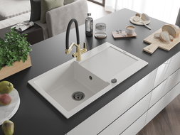 Mexen Leo гранитна мивка с 1 отделение и отцеждащо плато и кухненски смесител Duo, бял - 6501-20-671701-57-B