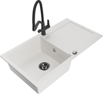 Mexen Leo гранитна кухненска мивка с 1 отделение и отцедник и кухненски смесител Duo, бял - 6501-20-671701-70-B