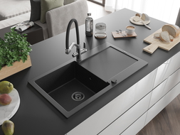 Mexen Leo едноразмерна мивка от гранит с отцеждащ плот и кухненски смесител Duo, черен/сребрист металик - 6501-73-671701-07-B