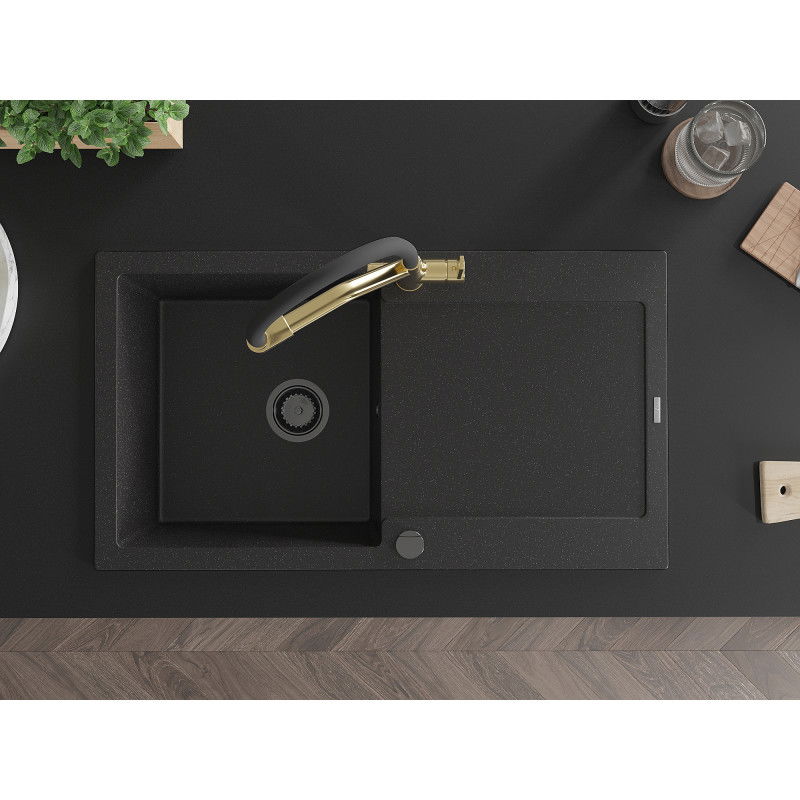 Mexen Leo гранитна кухненска мивка 1-камерна с отцедник и кухненски смесител Duo, черен/сребрист металик - 6501-73-671701-57-B