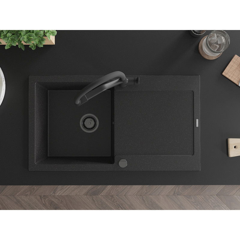 Mexen Leo гранитна мивка с 1 отделение, с отцеждач и кухненски смесител Duo, черен/сребрист металик - 6501-73-671701-70-B