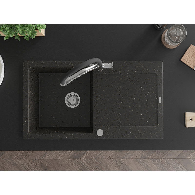 Mexen Leo мивка от гранит с 1 отделение с отцедник и кухненски смесител Duo, черен/златист металик - 6501-75-671701-07