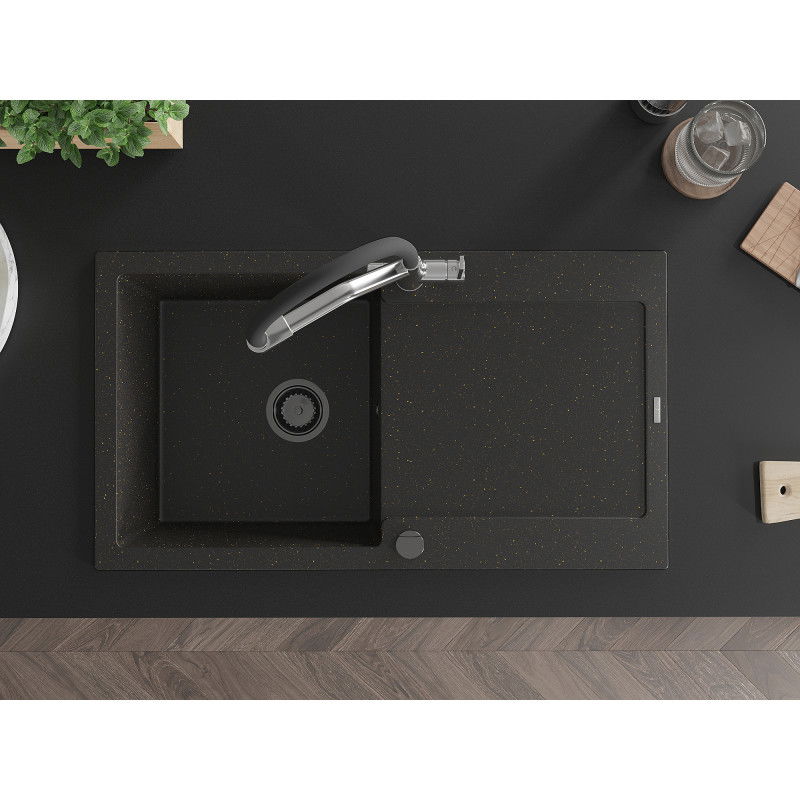 Mexen Leo гранитна мивка с 1 корито с отцедник и кухненски смесител Duo, черен/златист металик - 6501-75-671701-07-B
