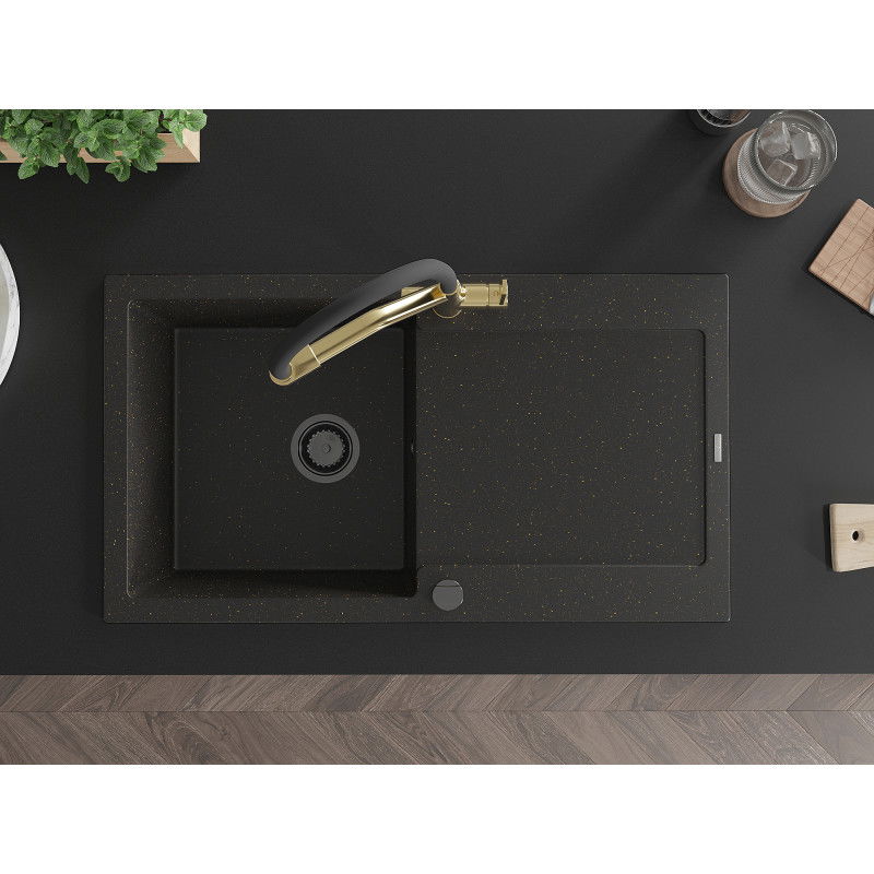 Mexen Leo гранитна кухненска мивка с 1 отделение, отцедник и кухненски смесител Duo, черен/златен металик - 6501-75-671701-57-B