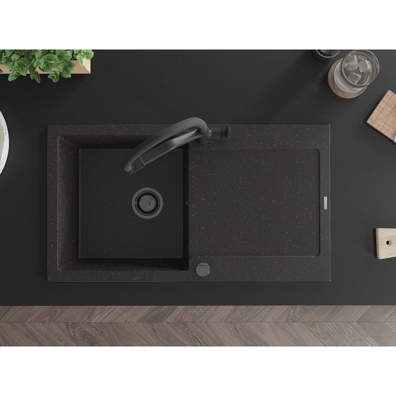 Mexen Leo гранитна мивка с 1 отделение с отцедник и кухненски смесител Duo, черен/златист металик - 6501-75-671701-70-B