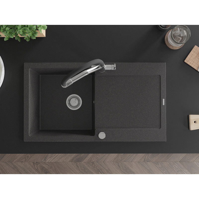 Mexen Leo гранитна мивка с 1 камера, с отцедник и кухненски смесител Duo, черен на пръски - 6501-76-671701-07