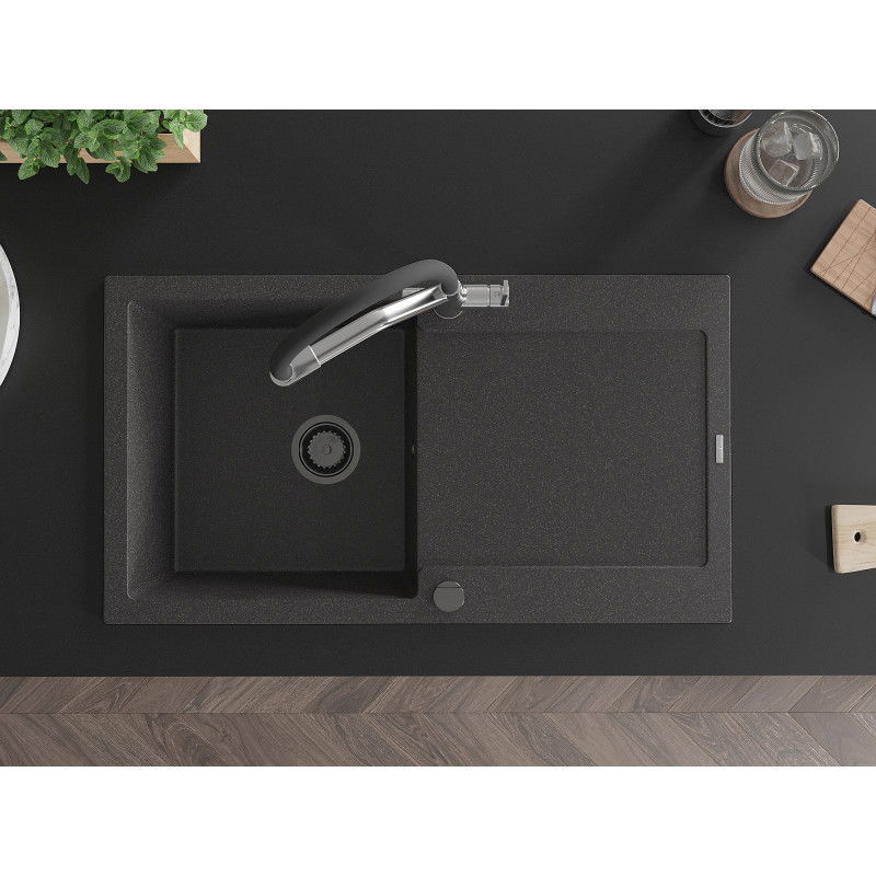 Mexen Leo гранитна мивка с 1 корито с отцедник и кухненски смесител Duo, черен напрашен - 6501-76-671701-07-B
