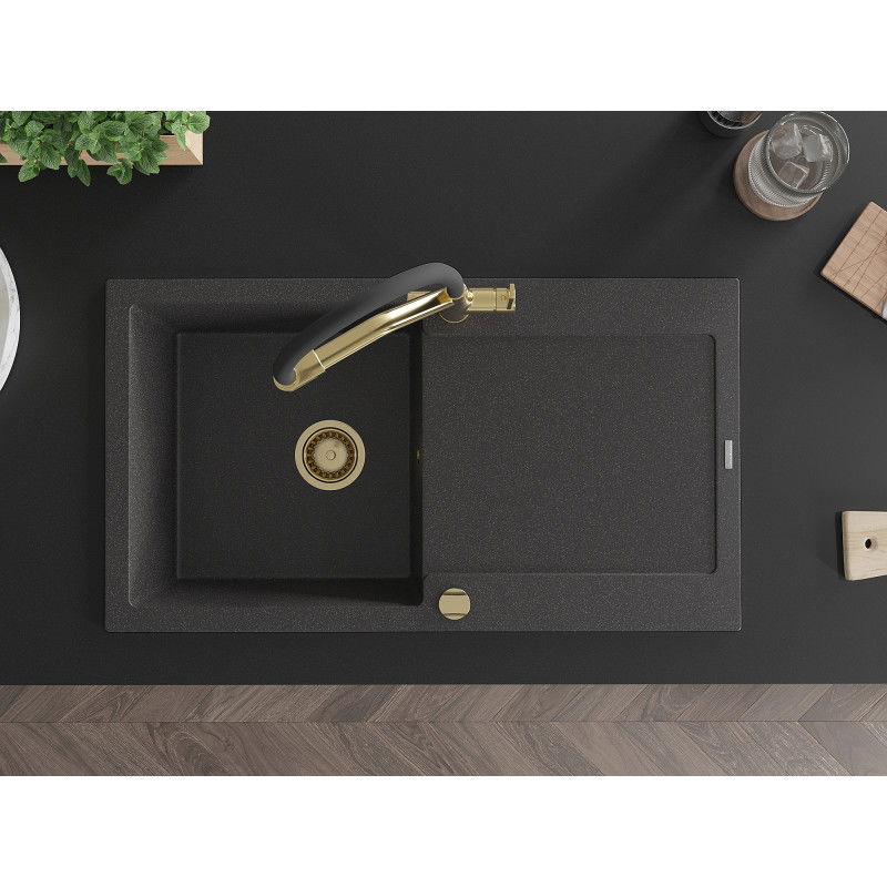 Mexen Leo гранитна мивка с една камера с отцедник и кухненски смесител Duo, черен със златни петна - 6501-76-671701-57-G