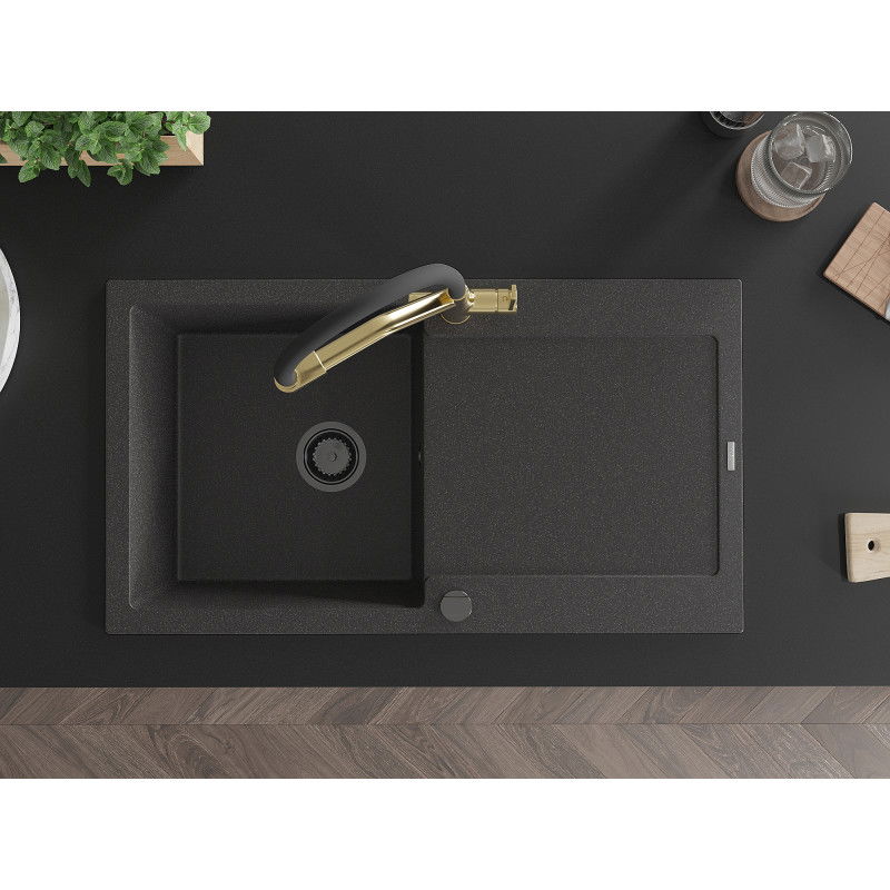 Mexen Leo гранитна кухненска мивка с една камера, отцедник и кухненски смесител Duo, черна на пръски - 6501-76-671701-57-B