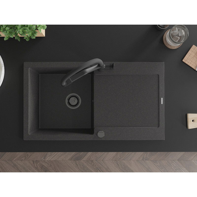 Mexen Leo еднокамерна мивка от гранит с отцедник и кухненски смесител Duo, черен на пръски - 6501-76-671701-70-B