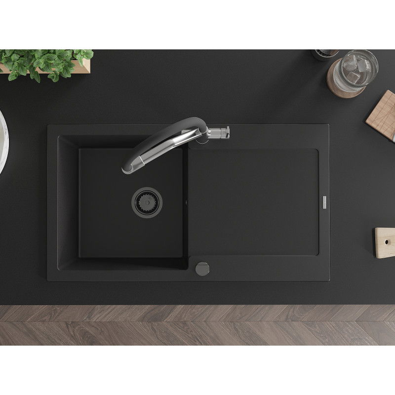 Mexen Leo гранитна кухненска мивка с 1 корито и отцедник и кухненски смесител Duo, черен - 6501-77-671701-07-B
